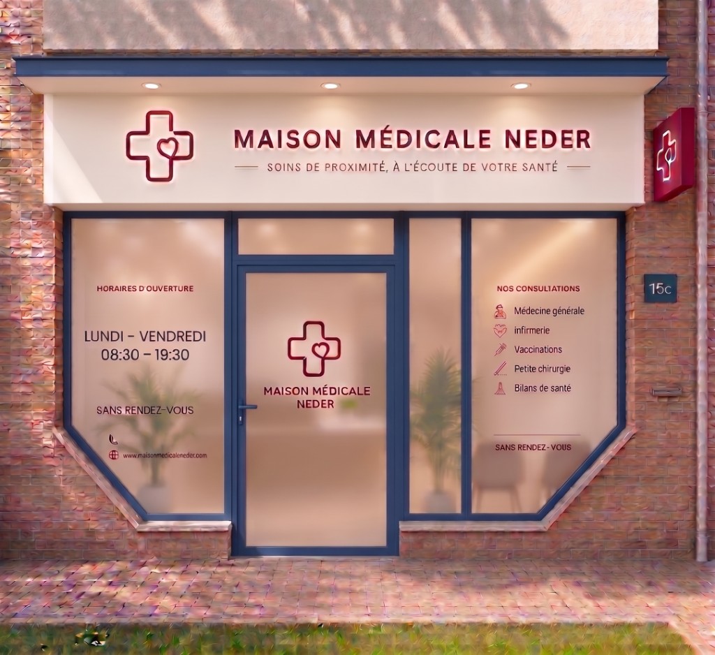 Façade de la Maison Médicale Neder, place Peter Benoit 15c à Neder-Over-Heembeek